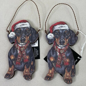 Dachshund Red‎ Santa Hat Dog Holiday Christmas Wood Ornament Wire Hanger NEW 2